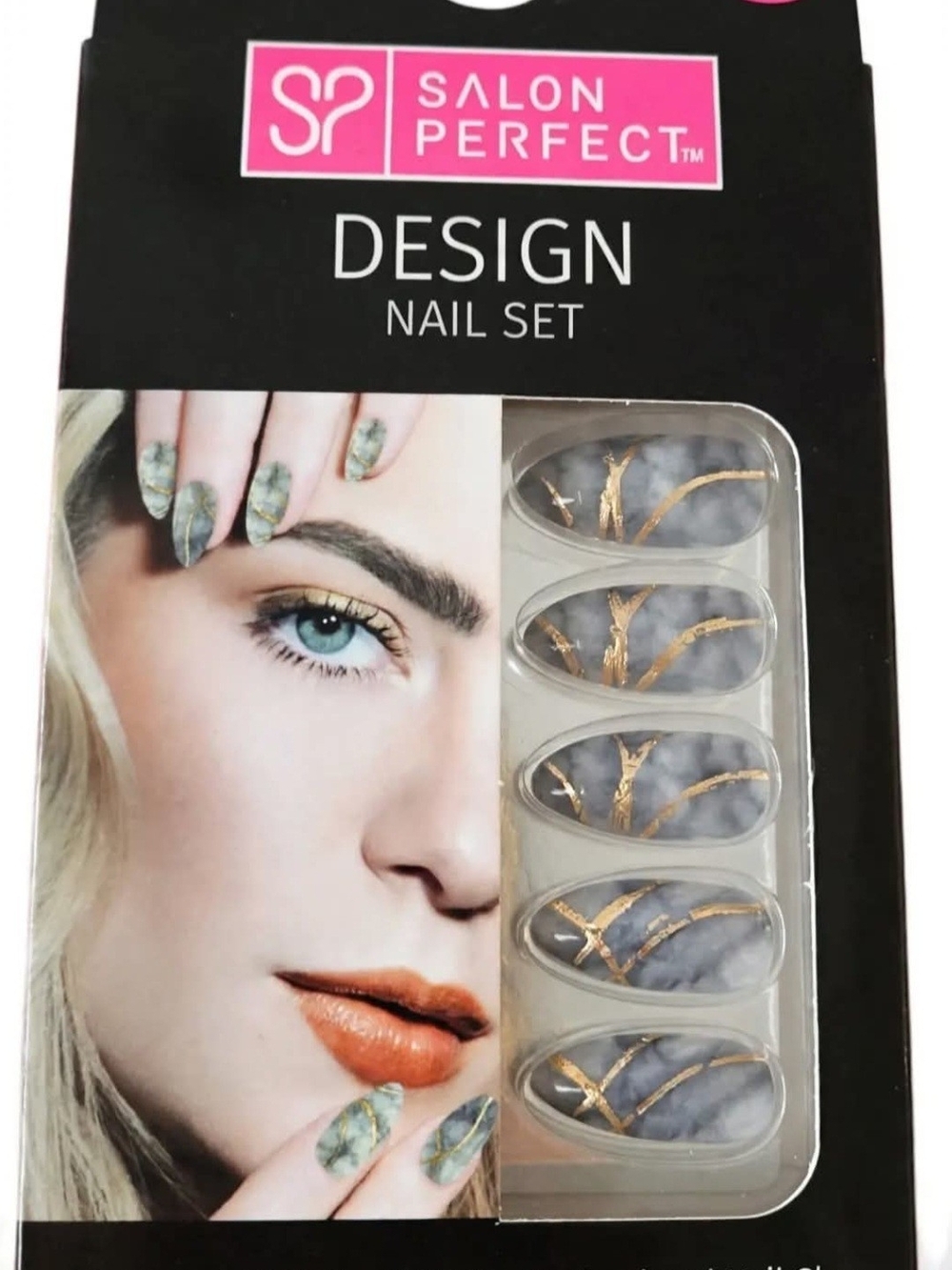 Salon Perfect Design Nail Set Gray Marble Gold Vein 24 Nails Glue & File NEW